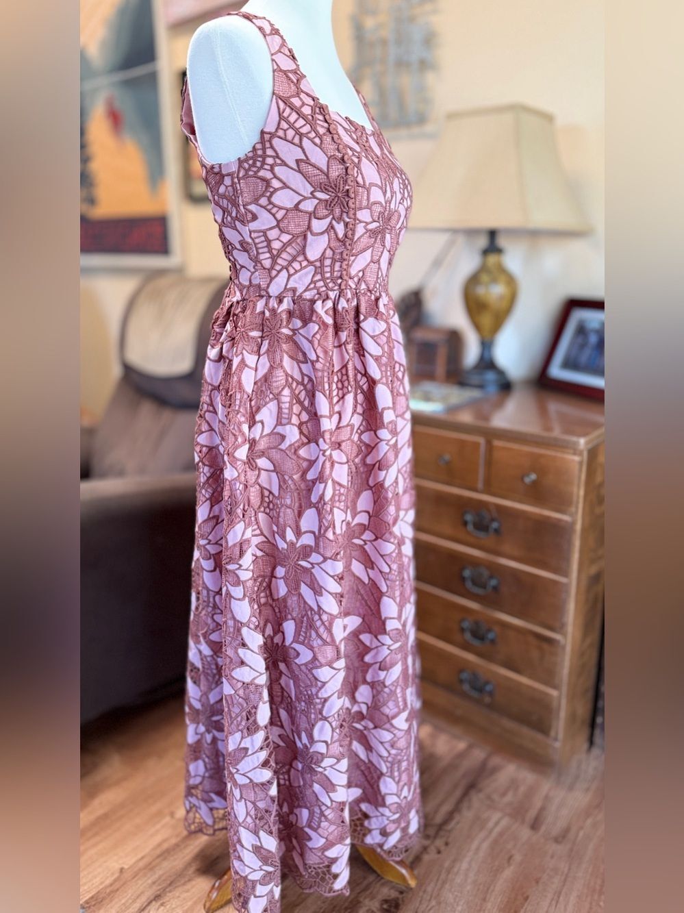 NEW New York & Company Dusty Rose Floral Lace Midi Dress sz SM - Picture 10 of 10